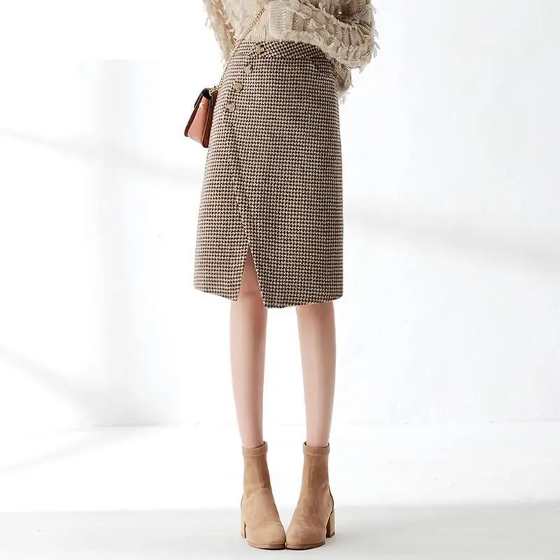 

Woolen Houndstooth Skirt for Women Autumn Winter 2022 New A- line High Waist Slimming Mid-Length Slit Sheath Skirt Mujer Faldas