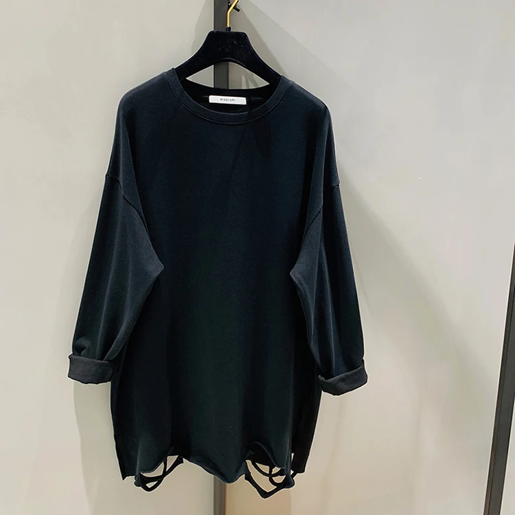 

2021 Spring New Korean Style Loose round Neck Long Sleeve T-shirt Mid-Length Coat Green Ripped Bottoming Shirt Women's Top