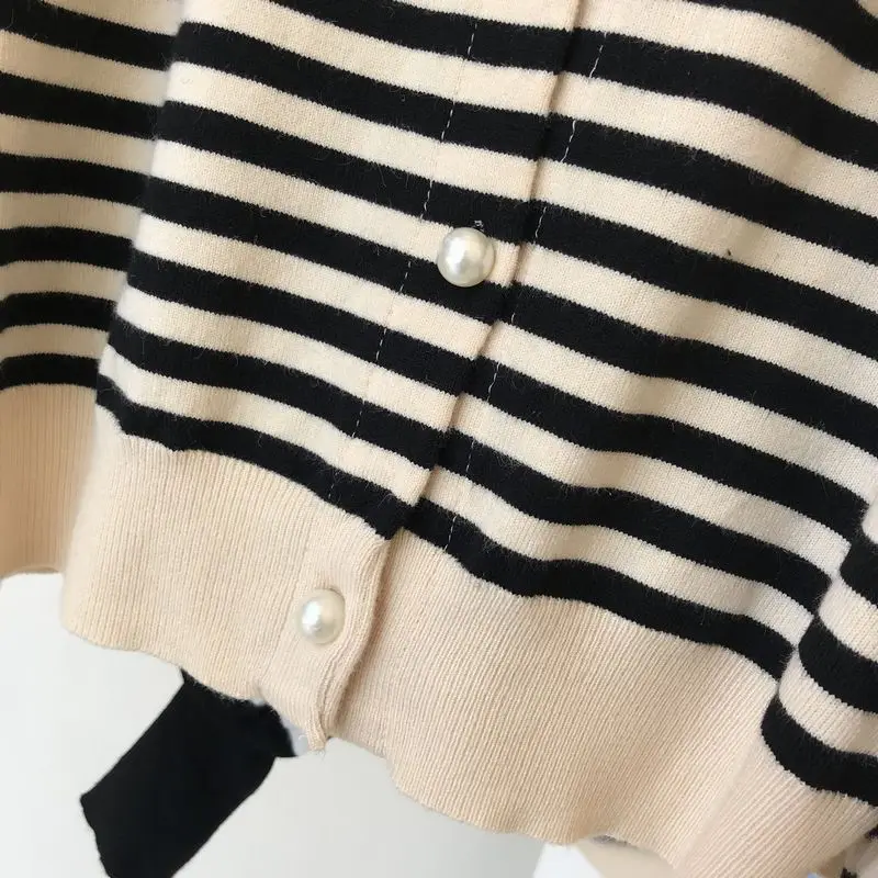 Neploe, маленький аромат, Chandal Mujer, винтажный, для взрослых, полосатый, вязаный, Женский комплект, Осень-зима, короткий кардиган+ широкие штаны, 46470