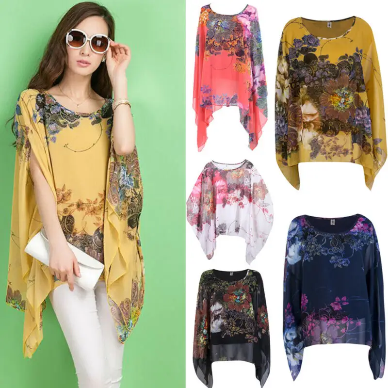 Женская Свободная шифоновая шаль блузка в стиле бохо с рукавами летучая мышь