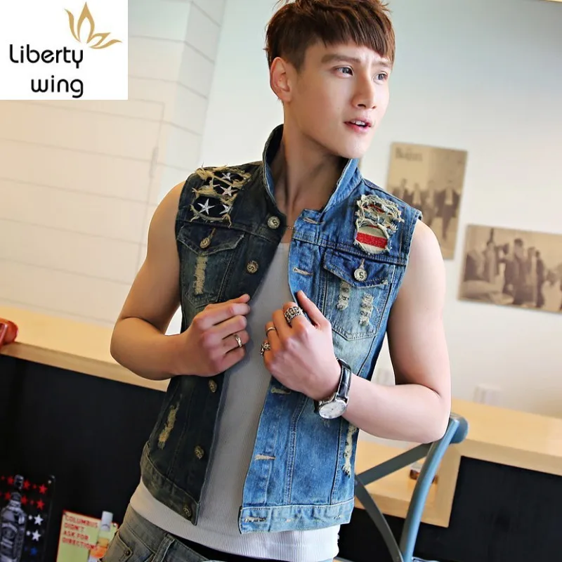 Мужской зауженный джинсовый жилет весна-осень модная повседневная байкерская