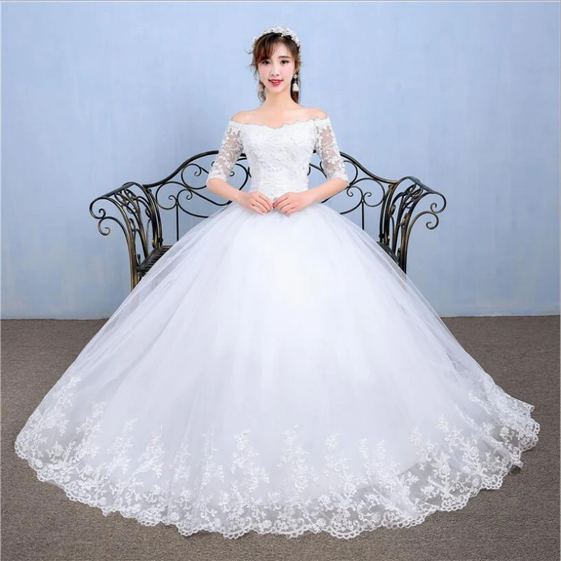 

Half Sleeve Boat Neck Wedding Dress Fashion Embroidery Lace Up Custom Sizes Wedding Gown vestido de Casamento