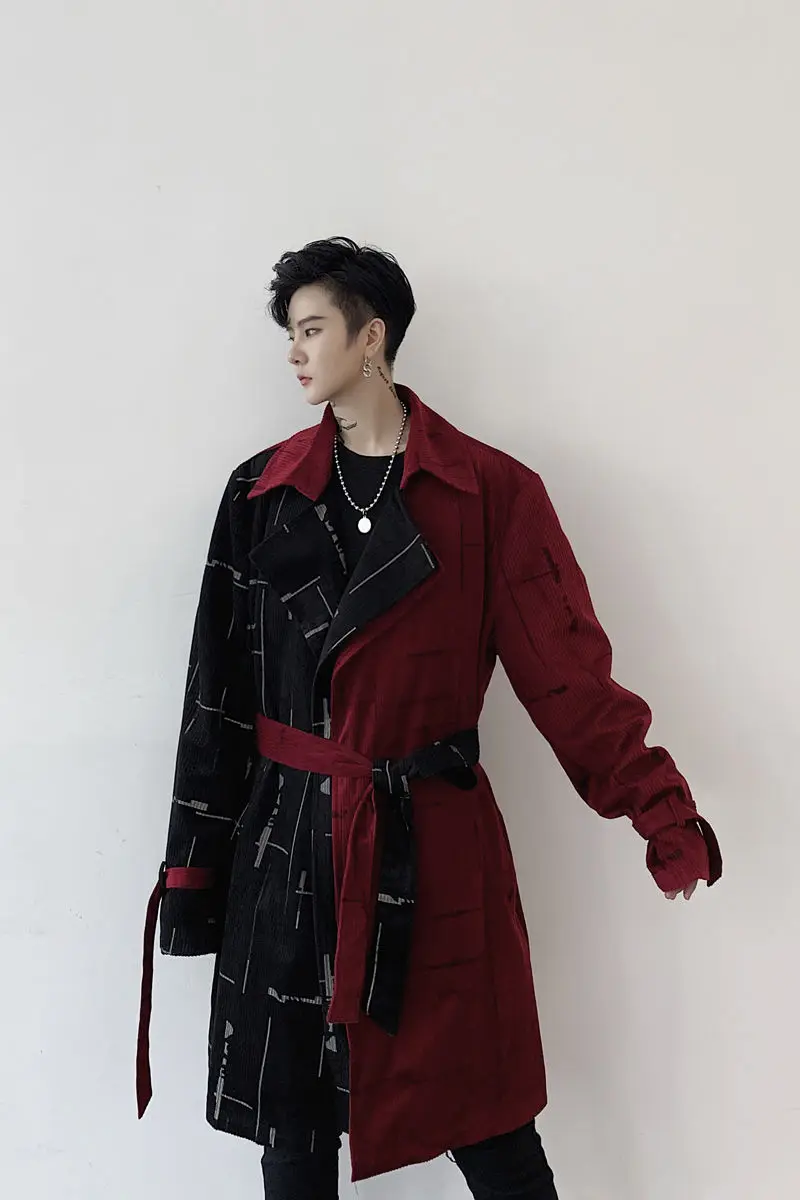 

IEFB /men's wear 2021 spring color block split design loose men's mid-length corduroy trench coat belt new windbreaker 9Y4065