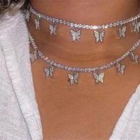 jjfoucs statment metal butterfly pendant necklace for women multi layer bling rhinestone tennis chain choker necklace jewelry