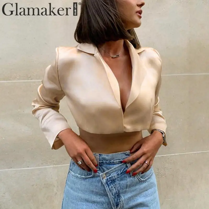 Glamaker/атласная блузка с отложным воротником, короткая винтажная блузка с длинным рукавом и v-образным вырезом, элегантная женская блузка Осень-зима, вечерние, сексуальные женские блузки