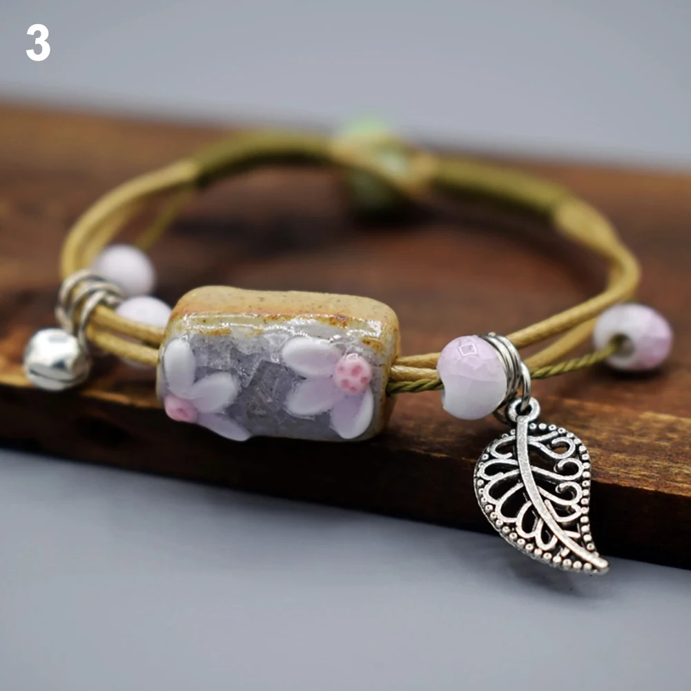 Женский винтажный парный наручный браслет с цветами из керамического камня для