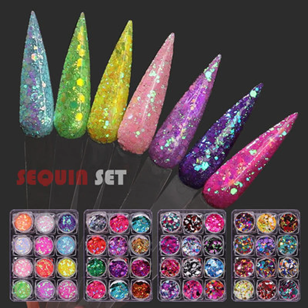 

12 Grid Nail Art Shiny Round Sequins Set Mixed Patch DIY Charm Super Flash Nail Art Decoration Manicure Accessories