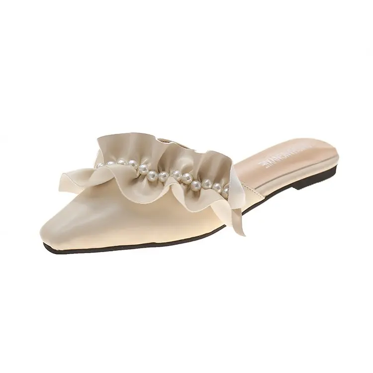 

Low Flat Shoes Female Slippers Casual Loafers Slipers Women Slides Cover Toe Flower Lace Luxury Soft 2021 Floral Basic PU Leisur