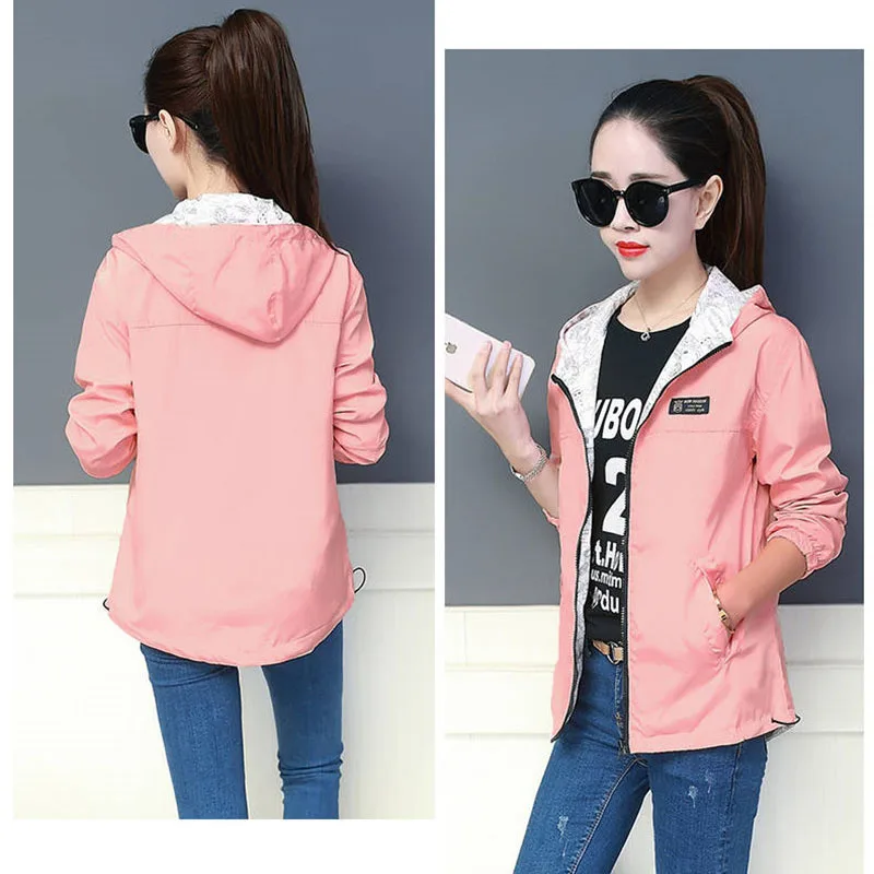 

Spring Autumn Women Casual Basic Jacket Pocket Zipper Hooded Two Side Wear Print Outwear Loose Coats big size Women Clothes Y295