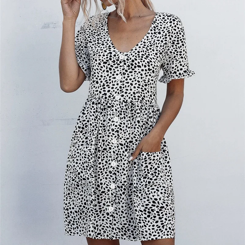 

Women's Leopard Print Buttoned Dress Bohemian Short Sleeve Pleated Mini Dress