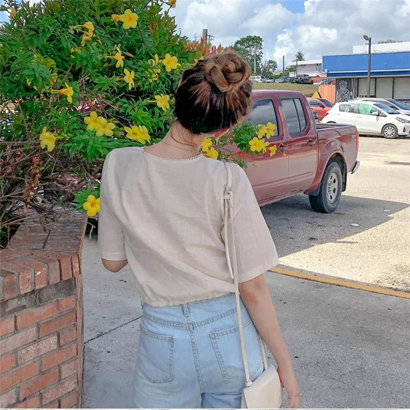 Повседневные женские топы с коротким рукавом кружевная рубашка вышивкой льняная