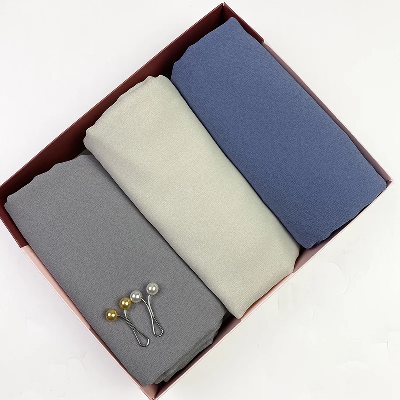 

3pcs/box Hijab Gift For Women Plain Bubble Chiffon Scarf Wrap Musulman Soft Plain Headscarf Foulard Femme Blue Hijab Stoles