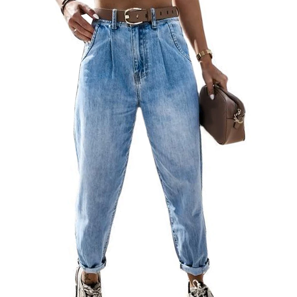 

Fashion High Waist Women Jeans Light Wash Zipper Fly Full Length Pants Pockets Casual Straight Denim Trousers Pants
