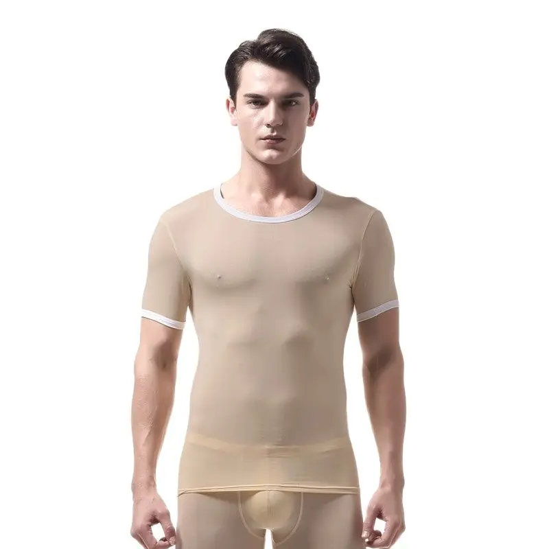Mens Ice Silk Ultra-Thin Short-Sleeved T-Shirt Sexy Translucent Tight Smooth Shape Body Camiseta Funny T Shirts Camisetas Hombre | Мужская