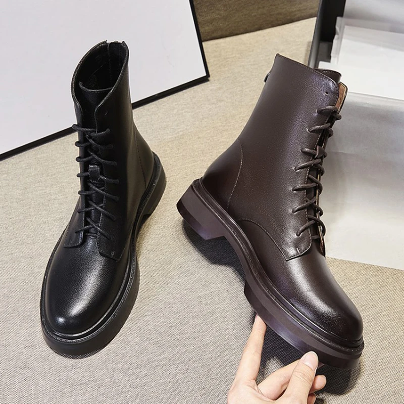 

Женские ботильоны из натуральной кожи, на шнуровке, с круглым носком