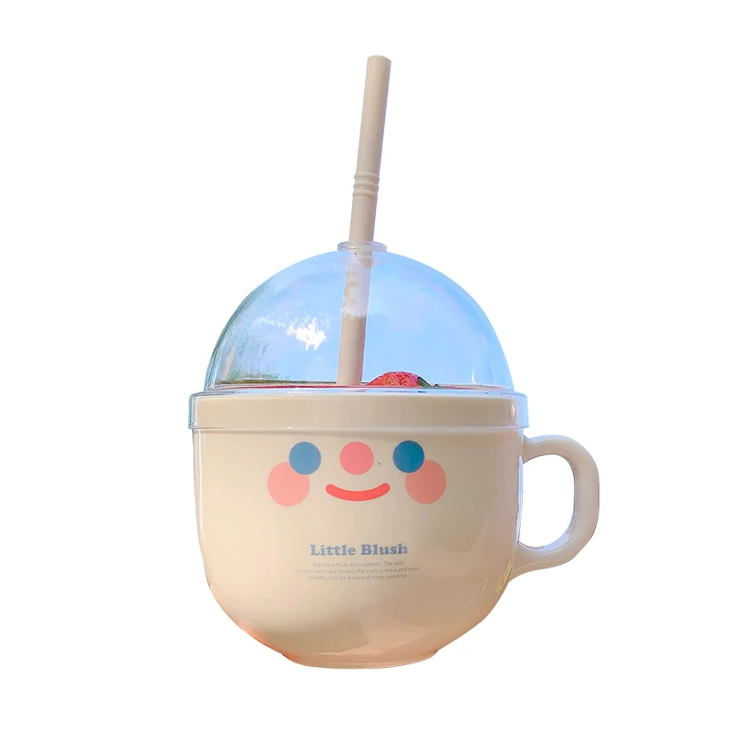 

Creative Plastic Bowl Water Bottle with Straw Ins Cute Smile Face Water Cup With Lid Fruit Salad Breakfast Milk Mugs Coffee Cups