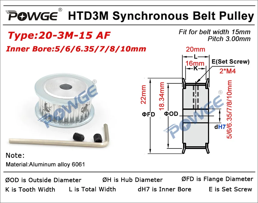 Зубчатый шкив POWGE Arc HTD 3M 20 зубьев отверстие 4/5/2/6/6/8/10 мм для синхронных ремней
