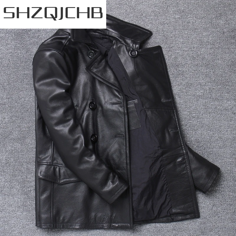 

JCHB 2021 Brand Double Breasted Cowhide Trench Coat Men Black Biker Real Leather Jacket Slim Business Casual Formal Outwear Over