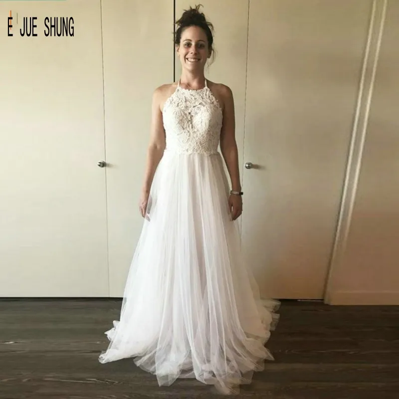 

E JUE SHUNG Fashion Beach Tulle Wedding Dresses Halter Neck Open Back Boho Wedding Bridal Gowns Sexy Ivory Vestidos De Novia