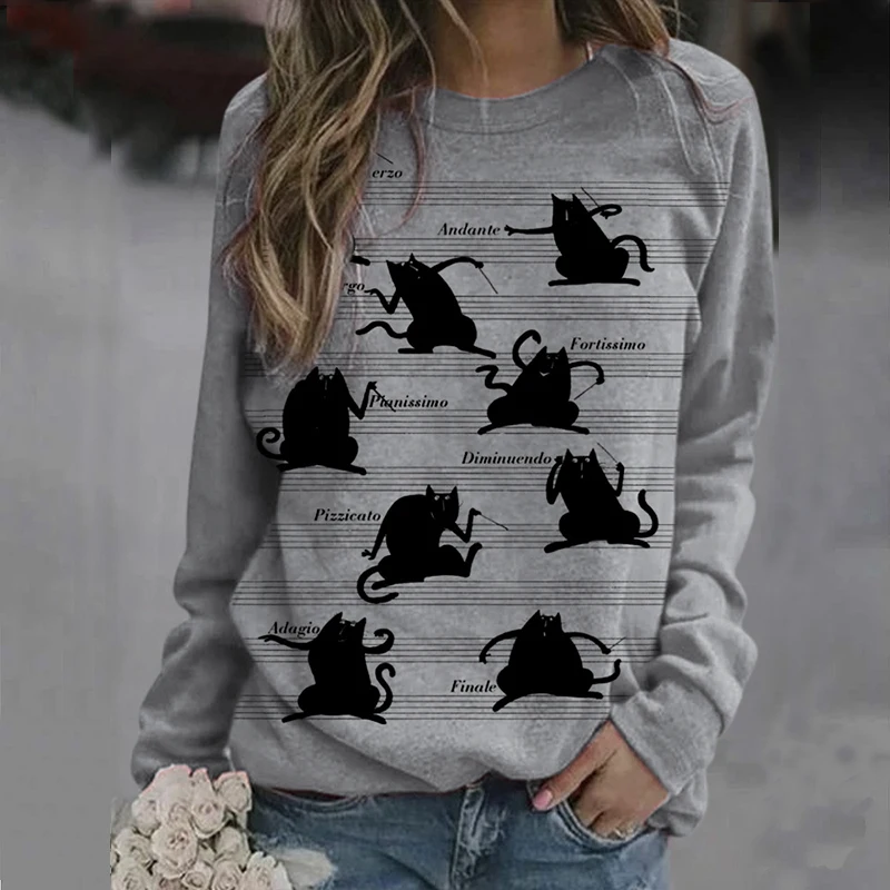 

Cute Animal Cat Print Women Tshirts Crewneck Long Sleeve Autumn Tops Plus Size Loose Ladies Tees Shirt