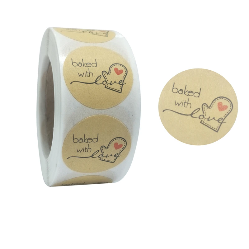 

1Inch 500Pcs/Roll Kraft Paper Baked with Love Sticker Labels for Small BusinessBread Desserts Gift Bag Card Package Wrapping