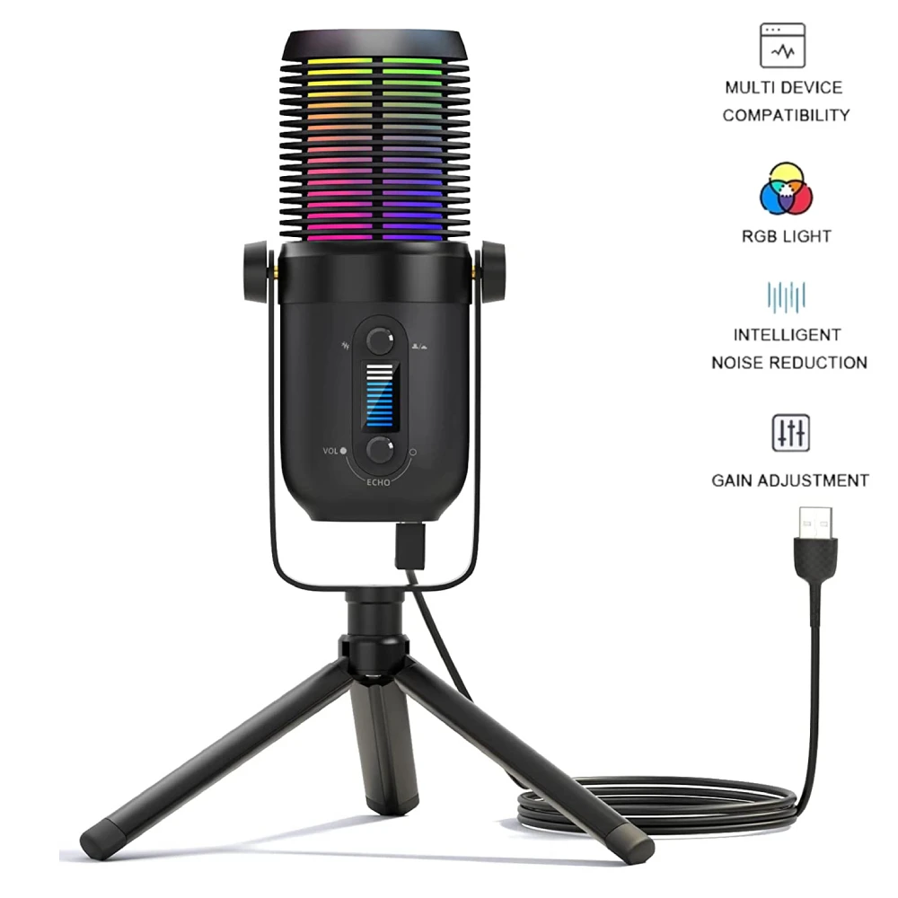 

Конденсаторный USB-микрофон со штативом и RGB-подсветкой