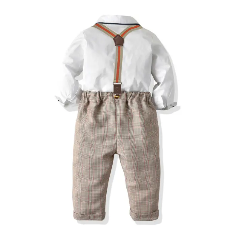 PUDCOCO 2PCS Kids Baby Boys Gentleman Formal Outfits Shirt Tops Bib Pants Plaid Overalls Long Sleeevs Set |