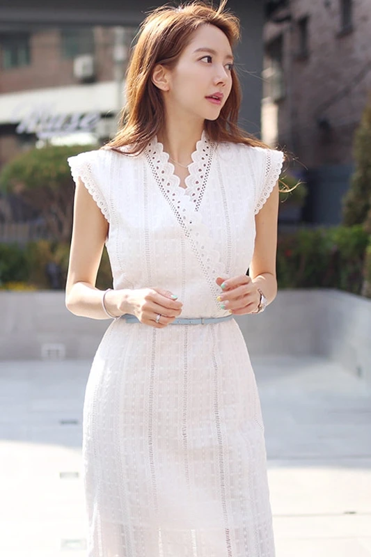 

COIGARSAM Fashion Women Long dress New Summer V-Neck Dresses White Send Belt 7585