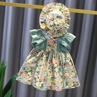 2021 girls summer clothing new style cotton cute floral flower dresshats 2pcs sets for baby girls fashion clothes