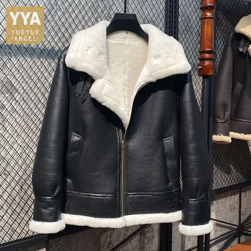 

Winter Mens Thick Warm Wool Lining Motorcycle Jacket Vintage Natural Shearling Overcoat Female Genuine Leather Real Fur Jacket