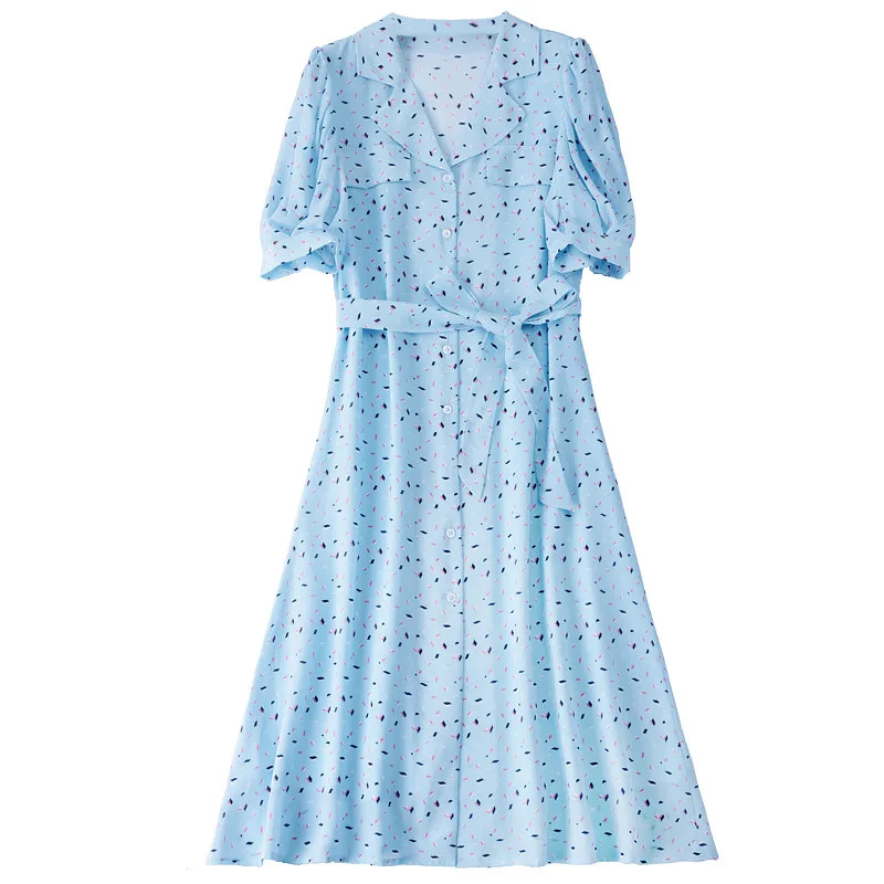 

Tea break French silk dress 2021 new summer mid length lace up waist slim print skirt