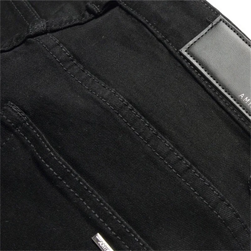 EH·MD® Diamond Embroidered Jeans Men's Scraped Inside Floral Trim Splash Ink Slim Cotton Stretch Leather Standard Black Pants 22