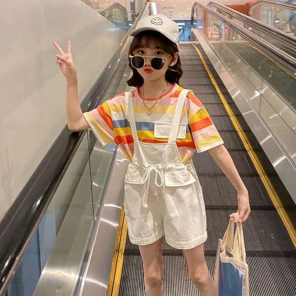 Новый комплект одежды для девочек из 2 предметов летняя футболка в полоску +