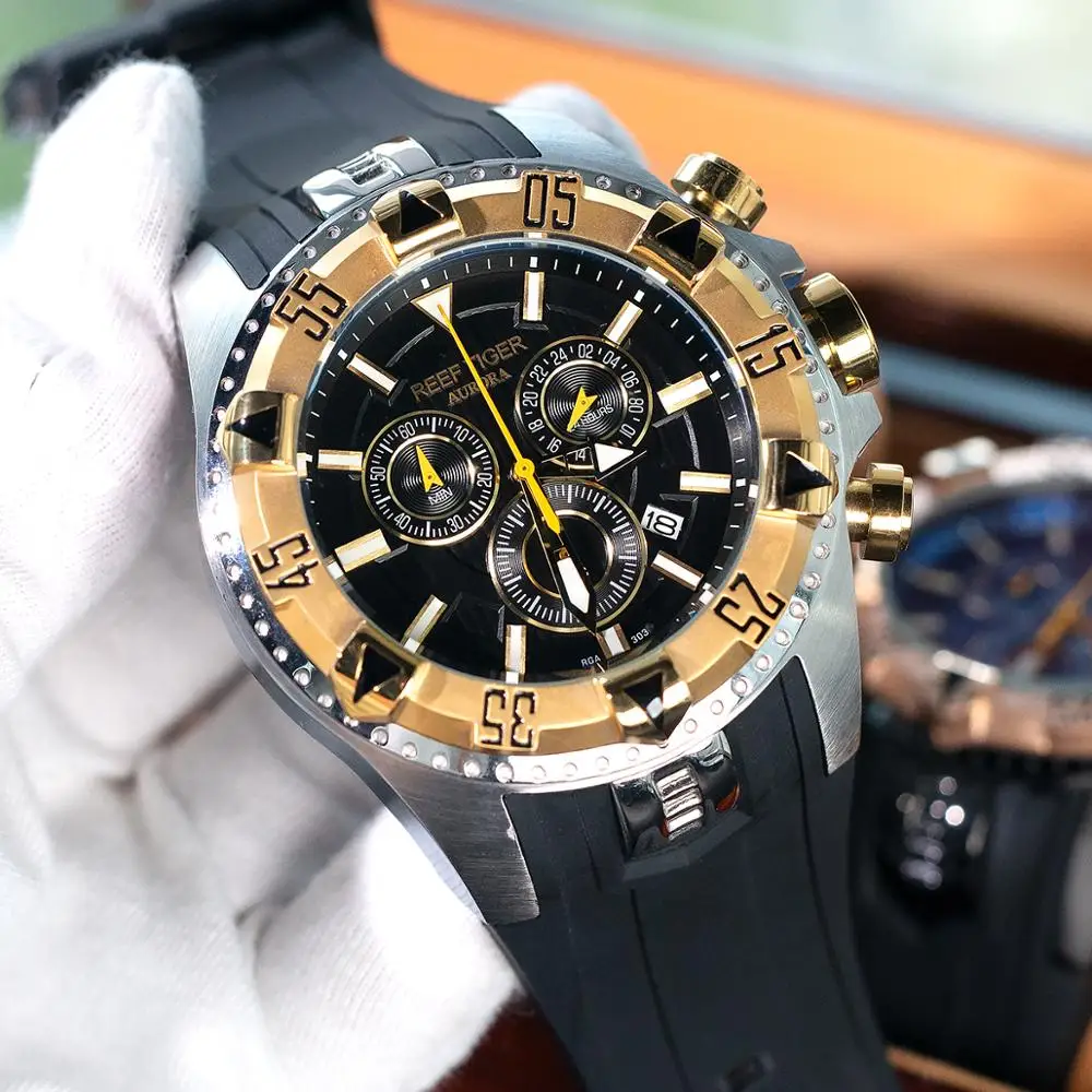Риф Тигр/РТ Супер Светящиеся стальные часы желтого золота мужские спортивные