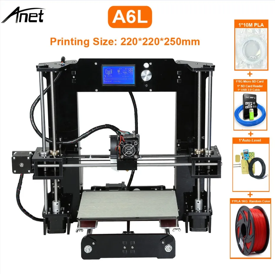 A6L With 1KG PLA Anet A6L 3d принтер с самонивелирующимся высокой точностью офлайн Печатный стол 3D DIY Kit принтер 200*200*240 мм USB sd-карта подключение - Цвет: A6L With 1KG PLA
