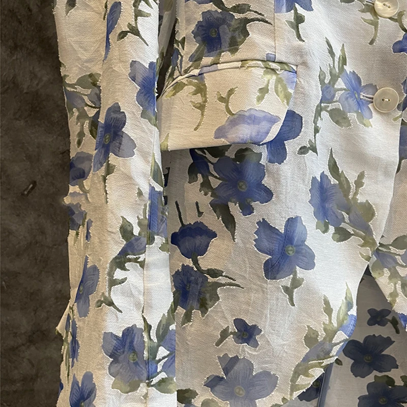 

TWOTWINSTYLE Blue Print Casual Blazer For Women Notched Long Sleeve Hit Color Blazers Females Summer Clothing 2021 Fashion Style