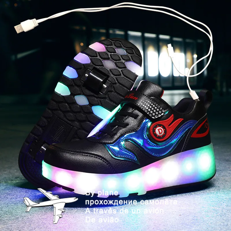 

Size 27-43 Roller Sneakers for Kids Boys LED Light Up Shoes with Double Wheels USB Charging Skate Shoes for Children Boys Girls