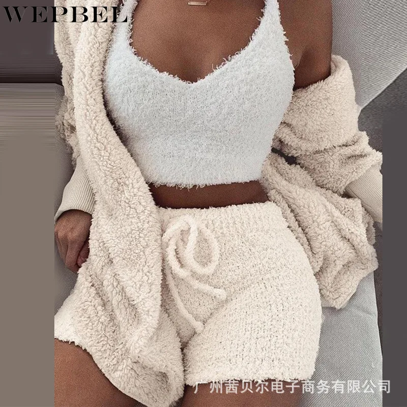 

WEPBEL Women's Solid Slim Fit Sports Two-Piece Suit Autumn Long Sleeve Cardigan Coat + Lace Up High Waist Straight Shorts Suit