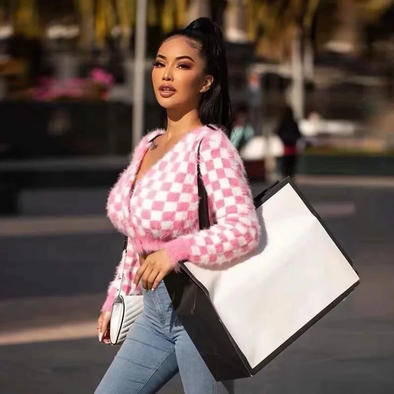 Women Check Fluffy Cropped Cardigan With Sweetheart Button Placket In Pink And White Deep V Neck Crop Knit Jumpers Sweater |