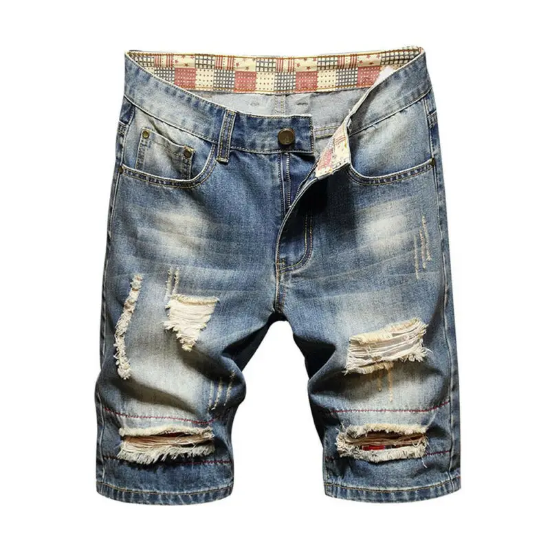 Мужские потертые джинсовые шорты светло выцветающие эластичные рваные