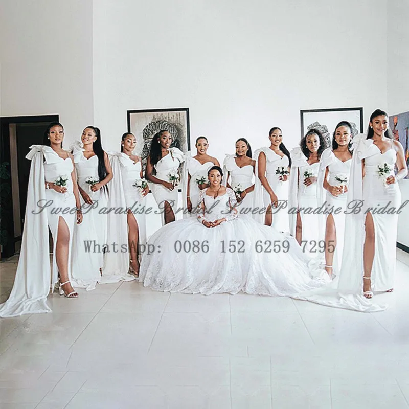 

White Mermaid Bridesmaid Dresses With Bow Streamer Sexy Side Split Women Long Wedding Party Dress Vestido De Fiesta De Boda