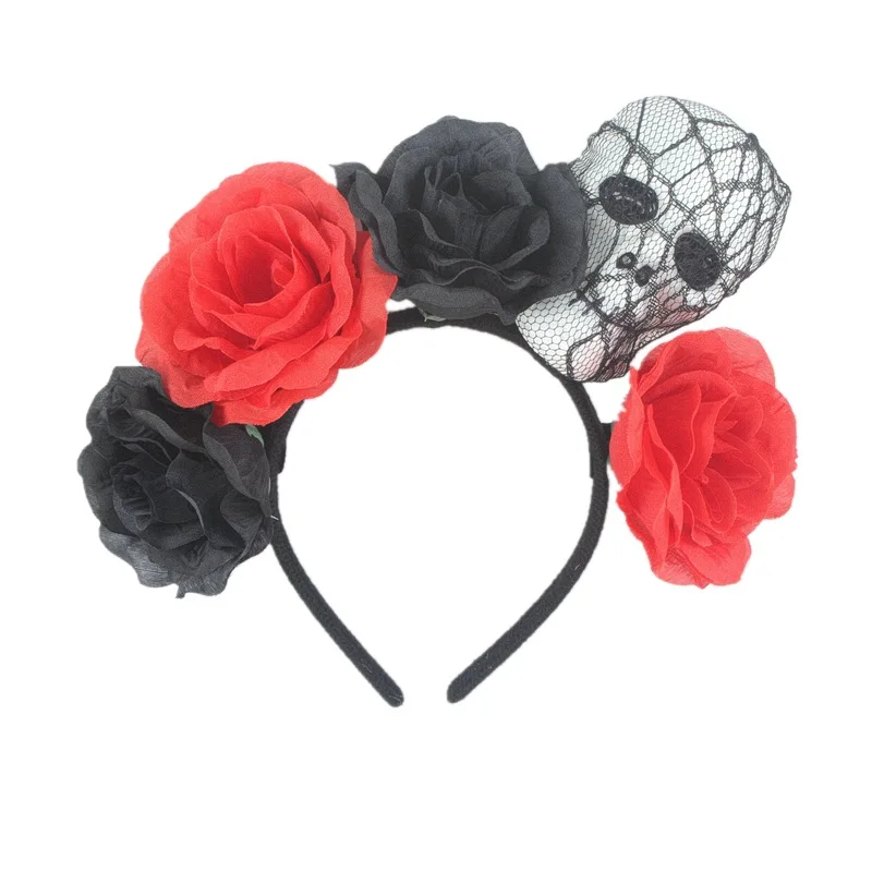 Головная повязка для невесты в богемном стиле с черепом и большим цветком розы
