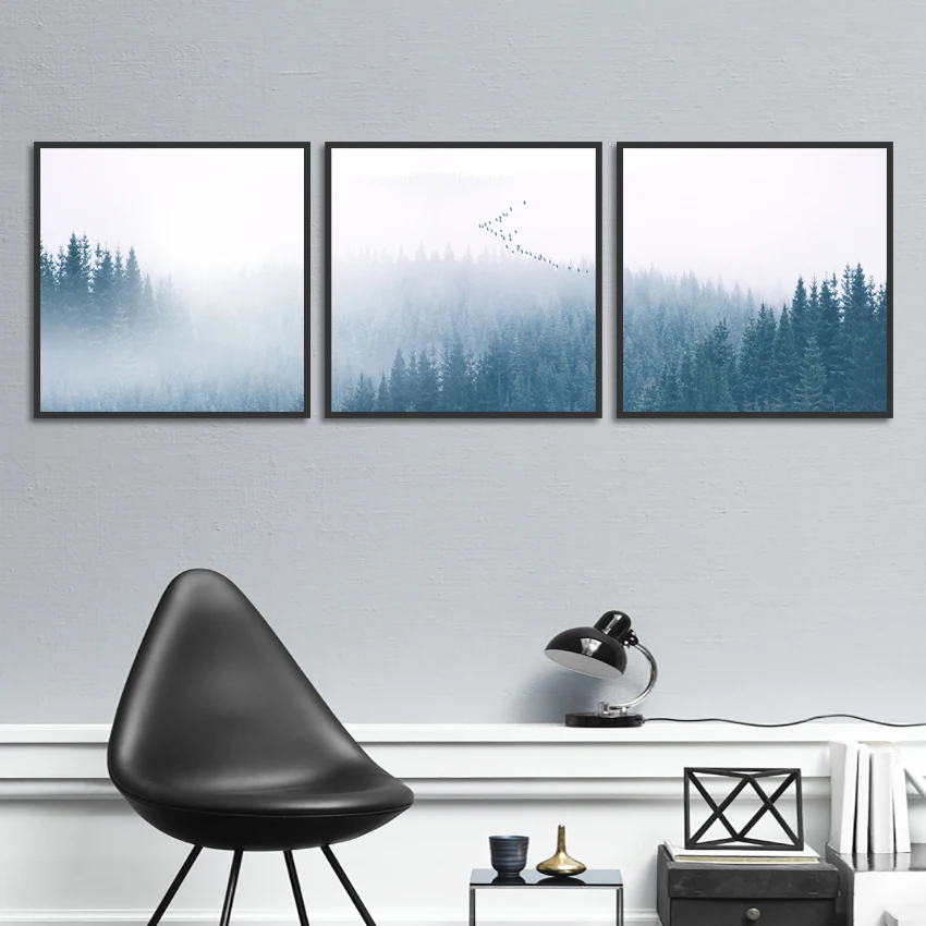 Nordic Стиль Плакаты Туманный лес Настенная картина с ландшафтом изображение для