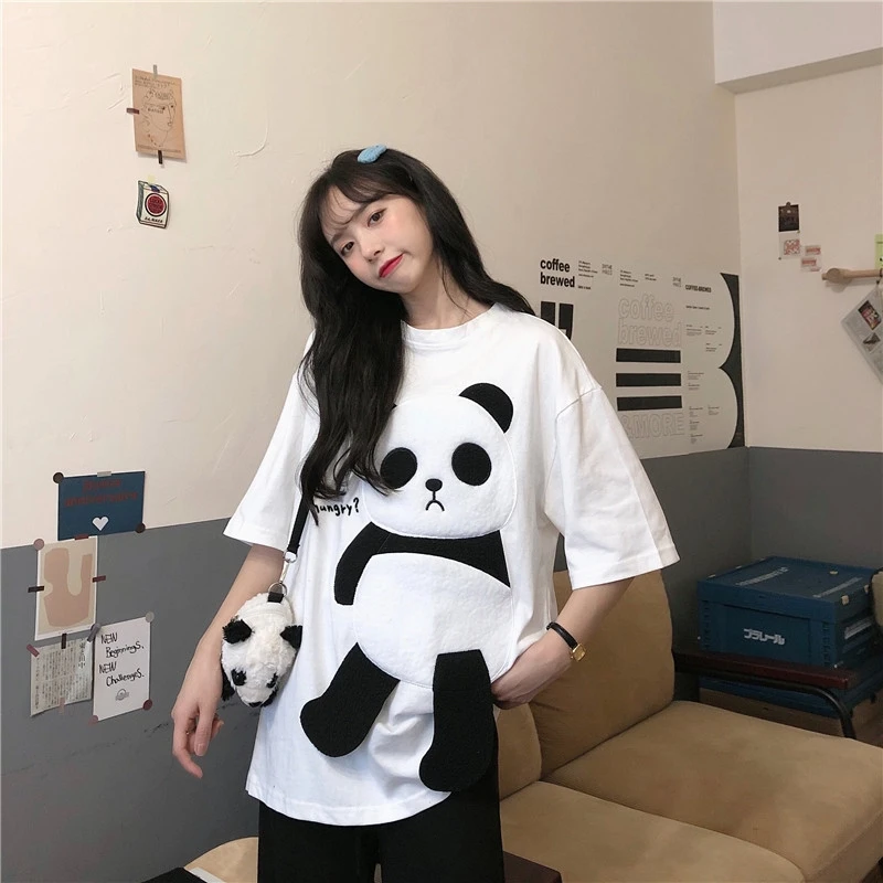 

2021 New Spring and Summer Panda Half Sleeve Large T-shirt Girlish Style Top Clothes Ins Trendy Idle Style Loose Korean Style