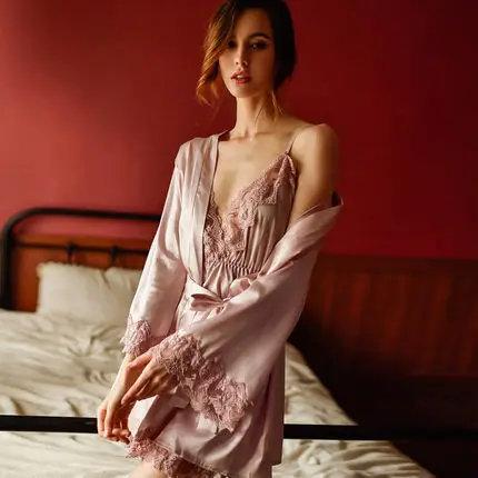 lavender robe Yhotmeng сексуальное кружевное ажурное шелковое кружевное сексуальное женское нижнее белье без рукавов с v-образным вырезом халатик и ночная рубашка - Цвет: lavender robe