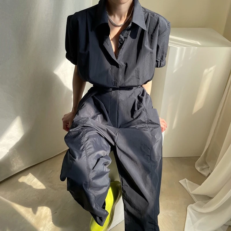 

Korejpaa Women Jumpsuits 2021 Summer Korean Handsome Versatile Lapel Single-Breasted Lace-Up Casual Wide-Leg Tooling Jumpsuit
