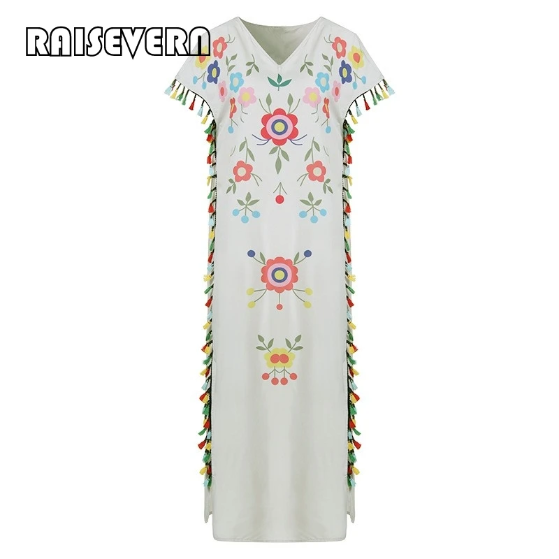 Свободное длинное женское пляжное бохо платье с цветочным принтом коротким