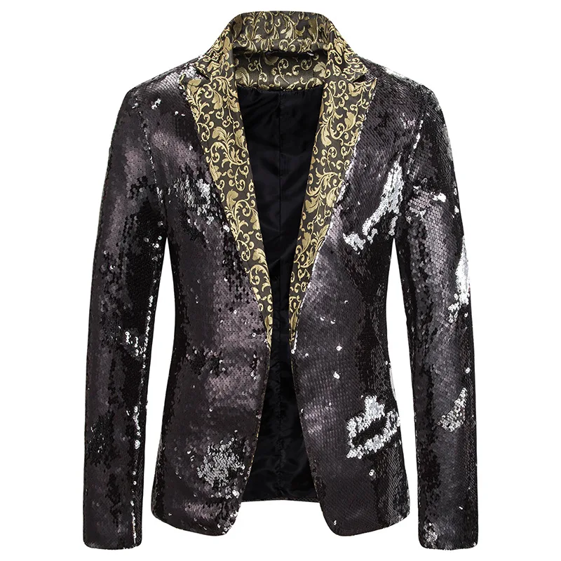 

Luxury Royal Blue Sequin Glitter Blazer Jacket Men Flower Lapel 2 Color Conversion Blazers Mens Nightclub Stage Singers Custmes