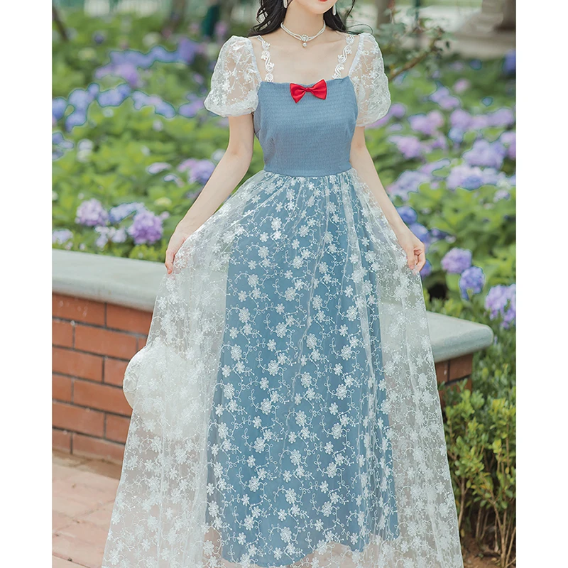 

WKFYY Vintage Lace Mesh Spliced Bow Flower Embroidery Slash Neck Camisole Strap Lantern Sleeve Ball Gown Ankle Length DressD4059