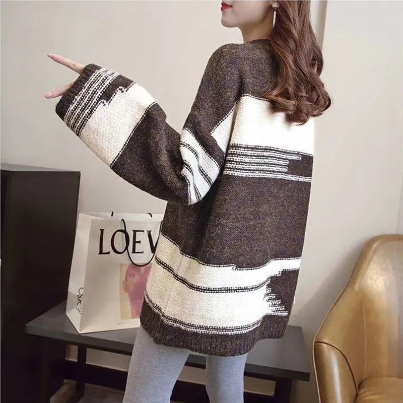 

Loose Women Winter Knitted Pullovers Sweaters Plus Size Female O-neck Long Sleeve Pull Jumpers Ladies Tops Femme Striped Sweater